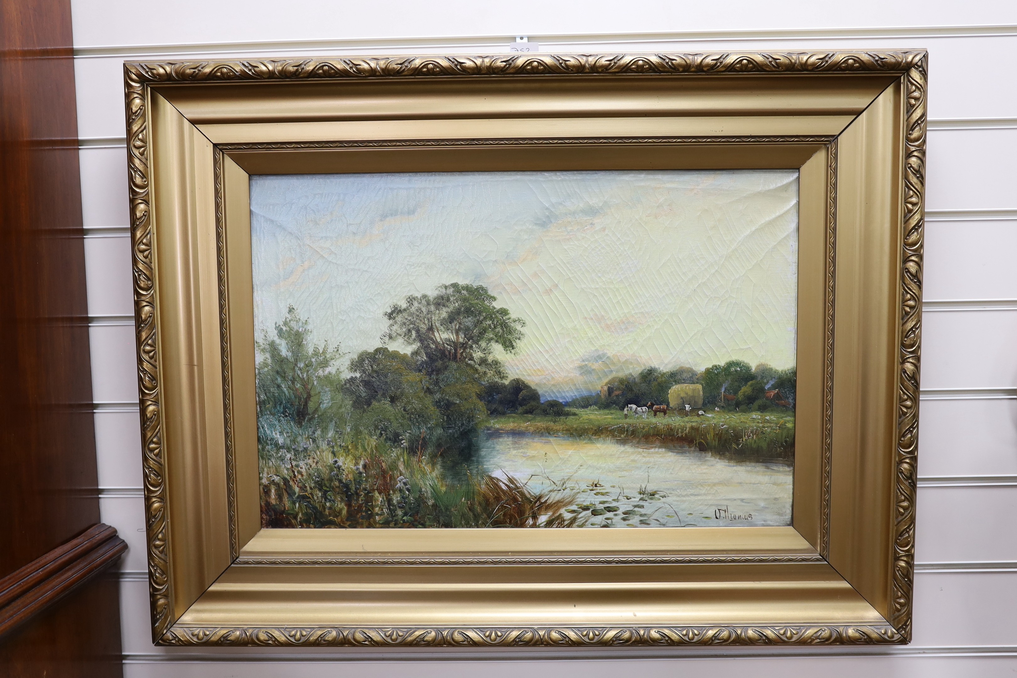 Octavius Thomas (Clark), pair of oils on canvas, River landscapes with sheep and hay barge, signed, 40 x 60cm